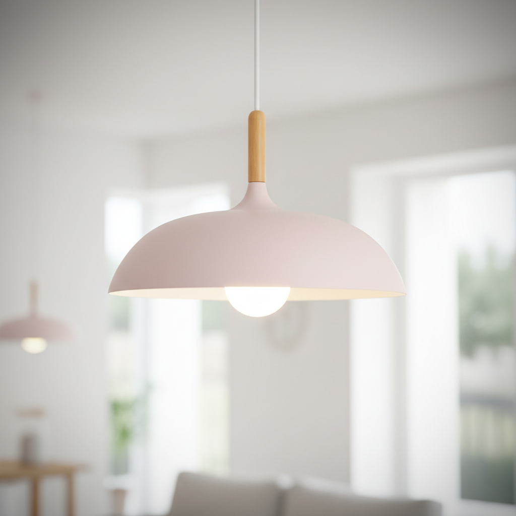 Nordic macaron dome pendant light with oak stem, Blush Pink
