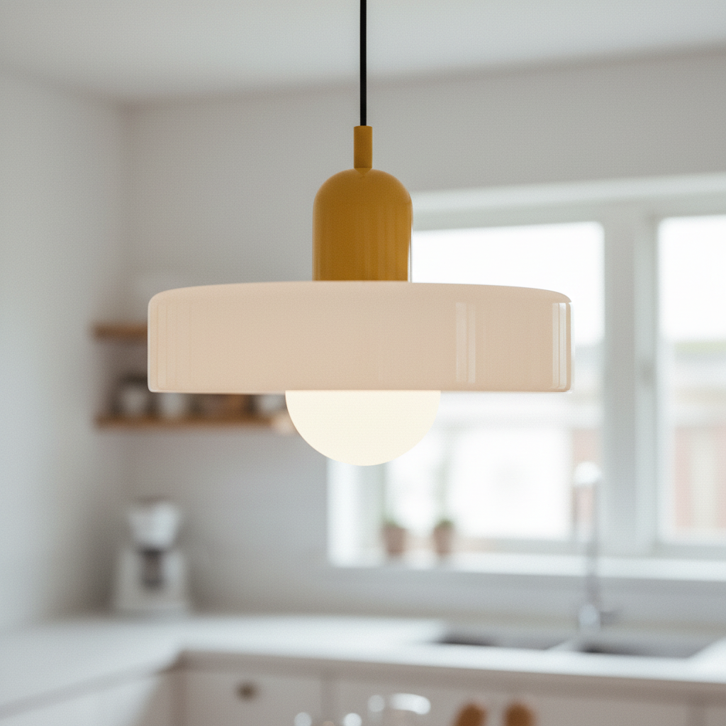 Retro two-tone fluted glass pendant light, Mustard and White