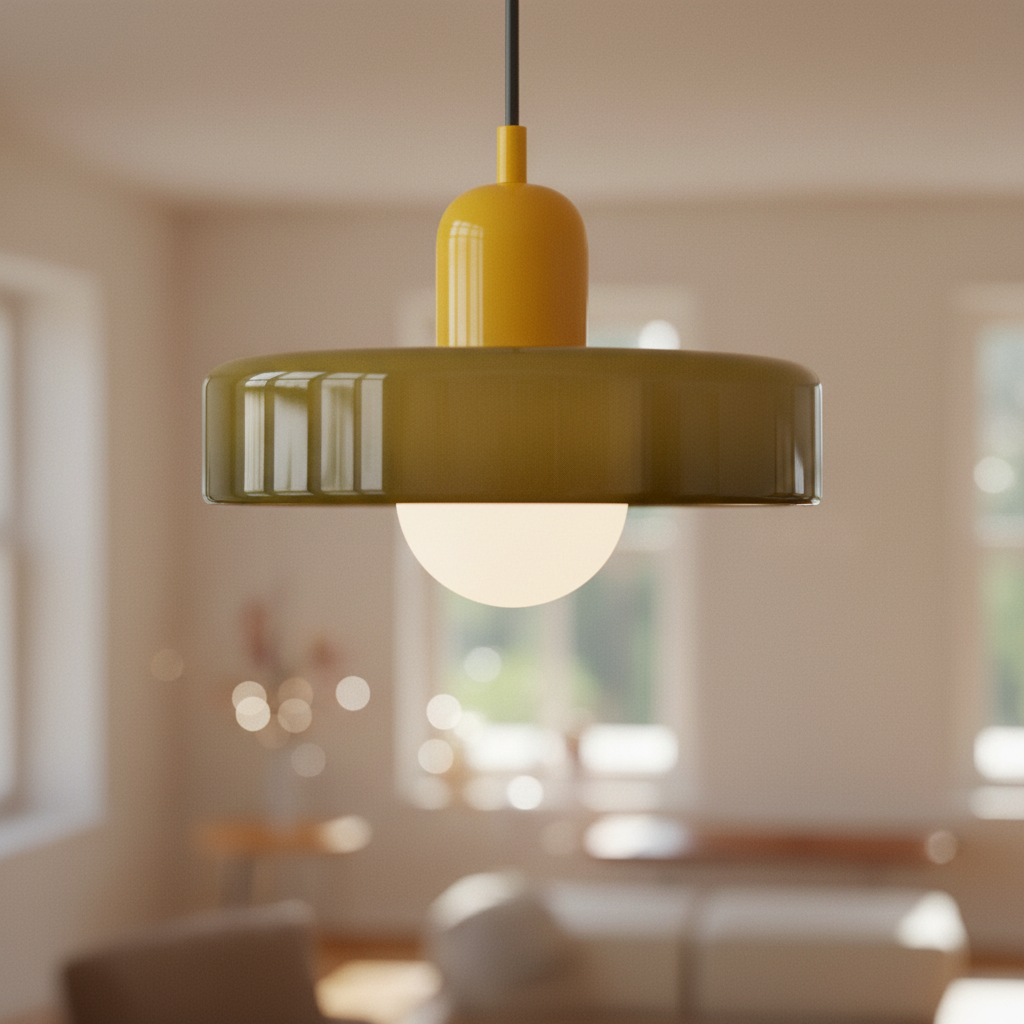 Retro two-tone fluted glass pendant light, Mustard and Olive