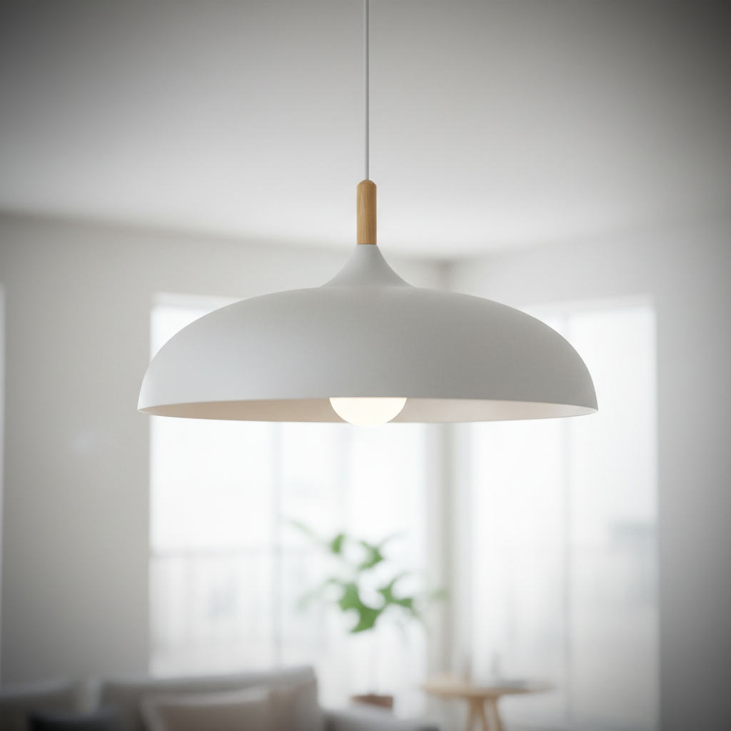 Nordic macaron dome pendant light with oak stem, White