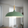 Pendant Light | Nordic Macaron Dome Ceiling Lamp with Oak Wood Stem for Kitchen Island, Dining Table & Bedside | 35cm Metal Shade E27, 6 Colours