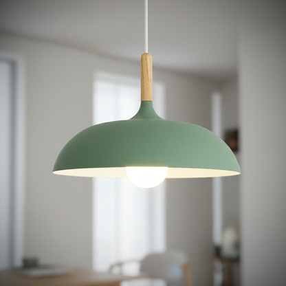 Nordic macaron dome pendant light with oak stem, Sage Green