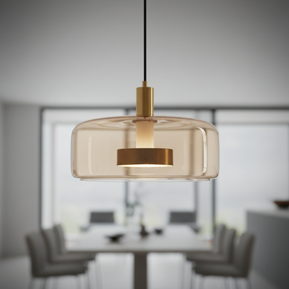 Glass kitchen island pendant light, Amber 35cm Drum