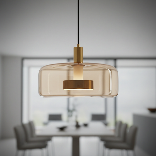 Glass kitchen island pendant light, Amber 35cm Drum