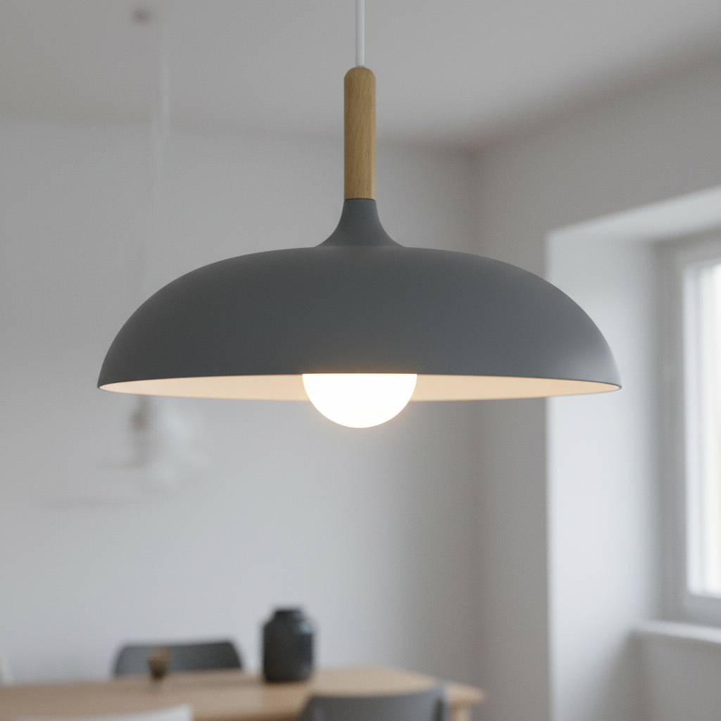 Nordic macaron dome pendant light with oak stem, Slate Grey