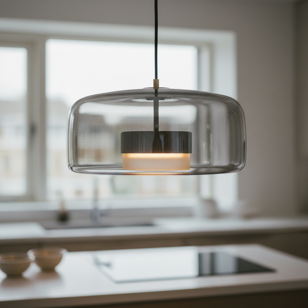 Glass kitchen island pendant light, Smoke Grey 35cm Drum
