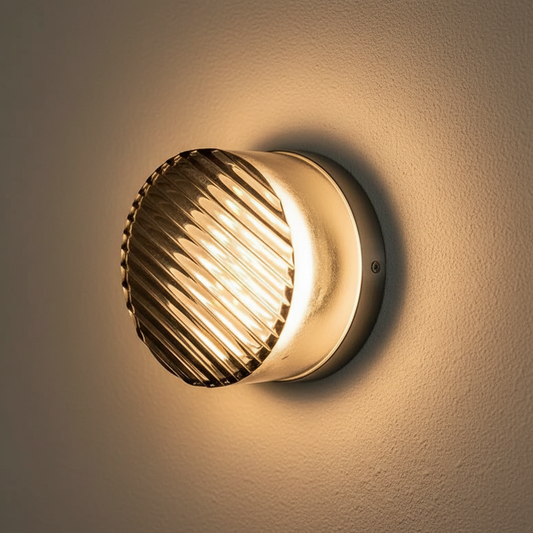 Round fluted glass wall light, Smoke Grey with chrome base