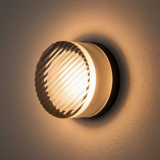 Round fluted glass wall light, Smoke Grey with black base