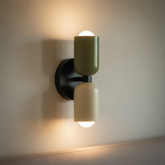 Nordic up down bedside wall light, Green and Cream with Black Plate