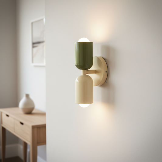 Nordic up down bedside wall light, Green and Cream with Cream Plate