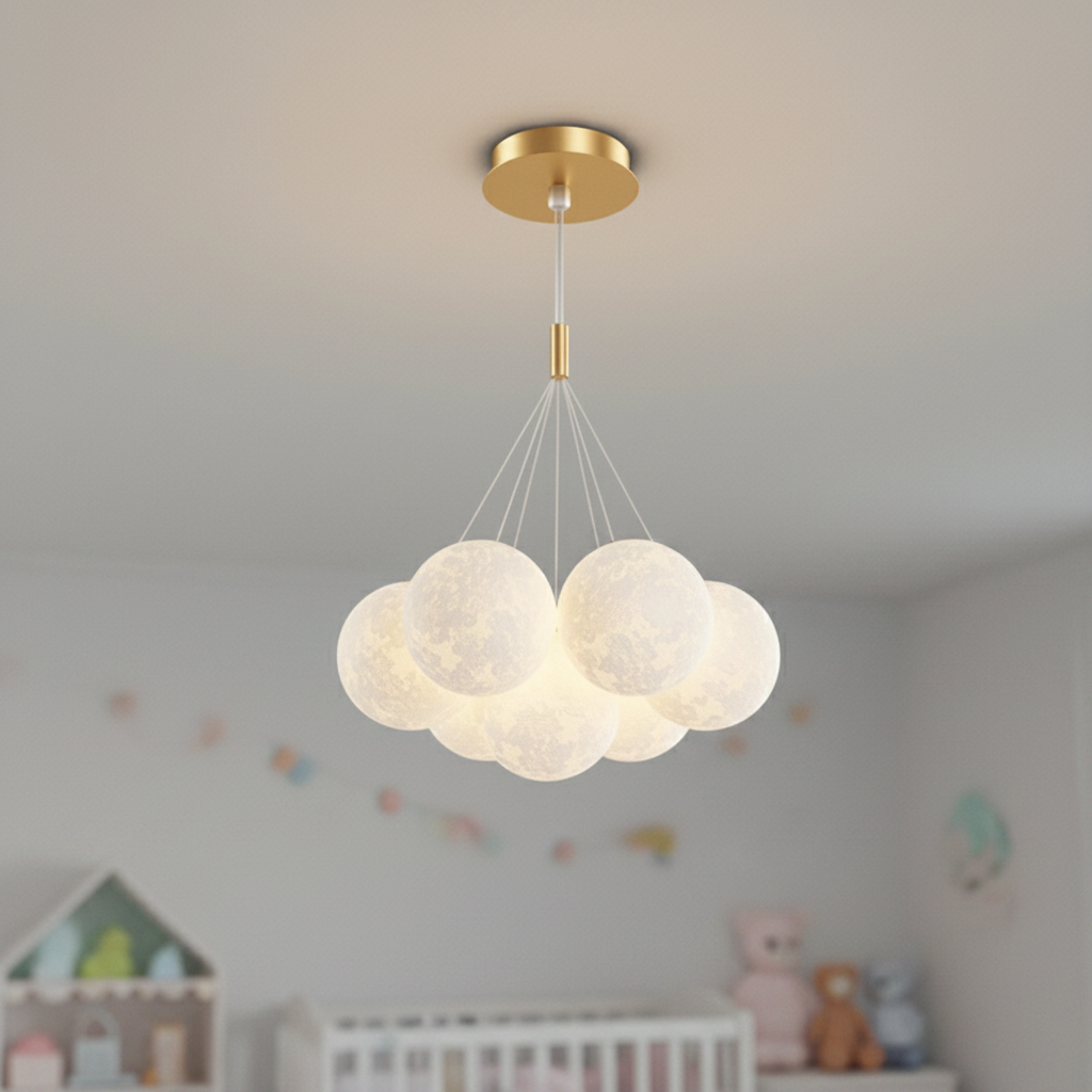 3D moon globe cluster chandelier, Drop rod Gold 7 Moons 12cm