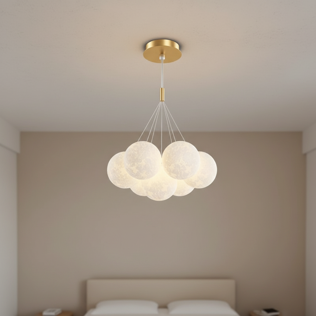 3D moon globe cluster chandelier, Drop rod Gold 7 Moons 15cm