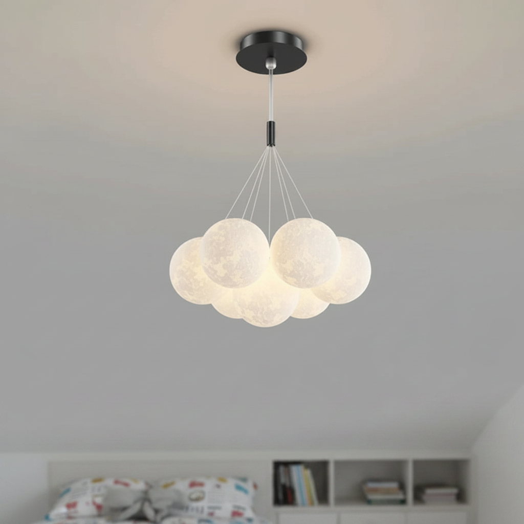 3D moon globe cluster chandelier, Drop rod Black 7 Moons 15cm