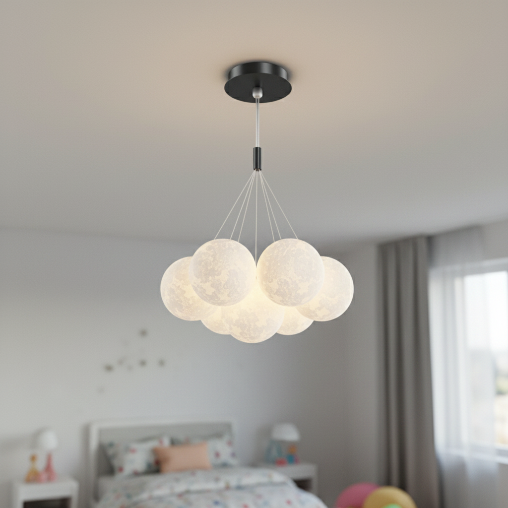 3D moon globe cluster chandelier, Drop rod Black 7 Moons 12cm