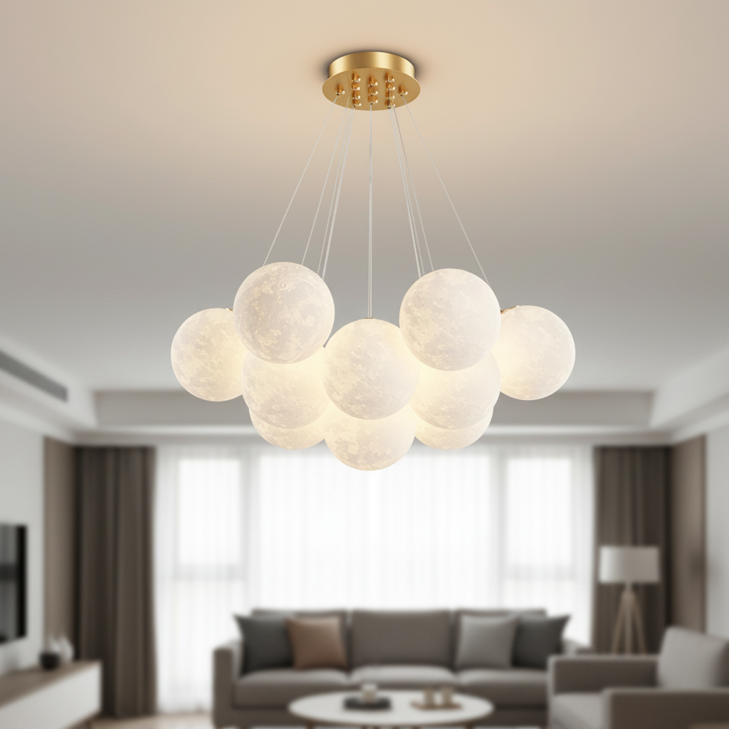 3D moon globe cluster chandelier, Flush mount Gold 13 Moons