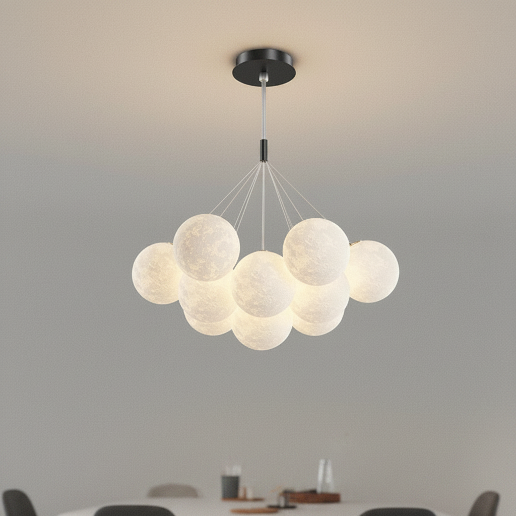 3D moon globe cluster chandelier, Drop rod Black 13 Moons