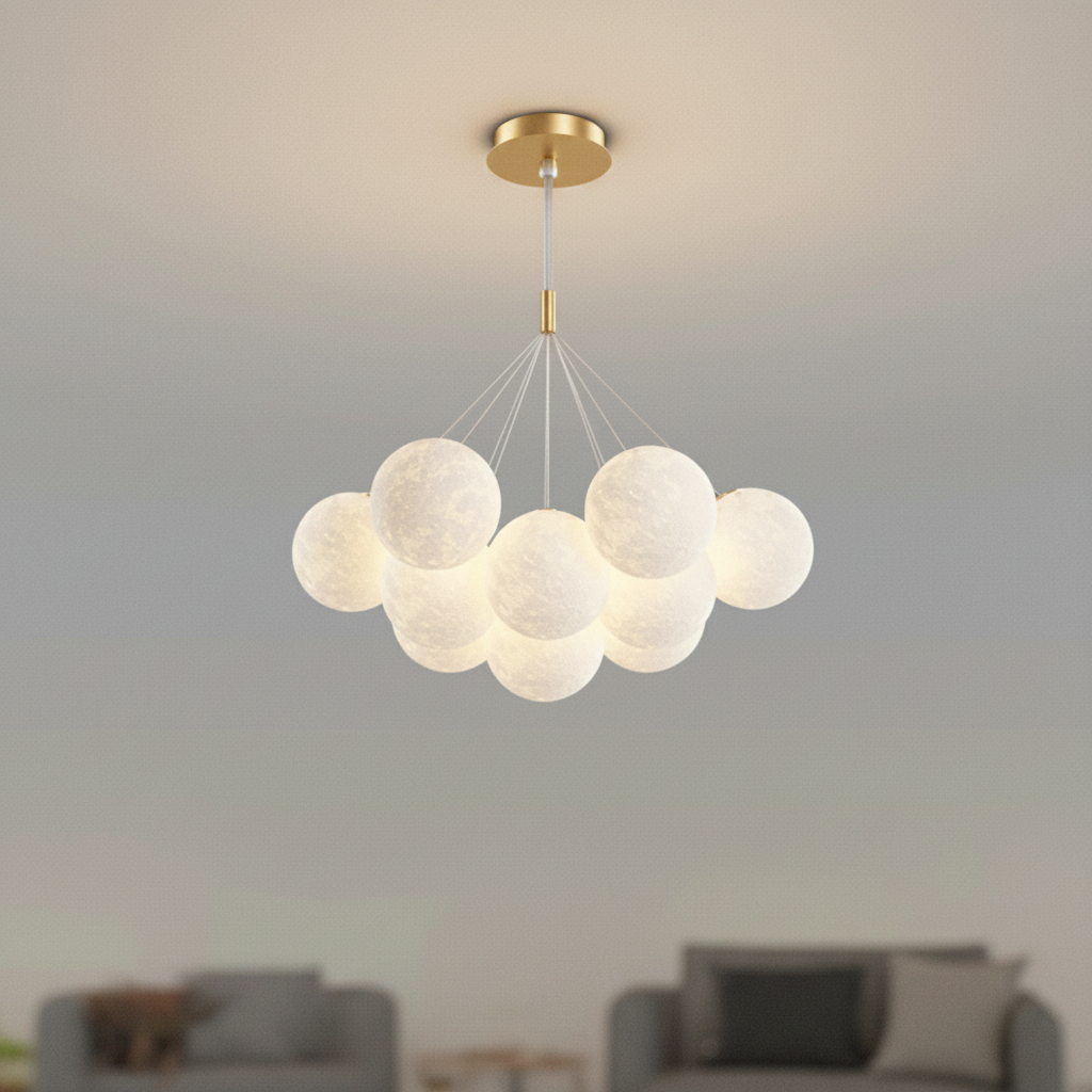 3D moon globe cluster chandelier, Drop rod Gold 13 Moons