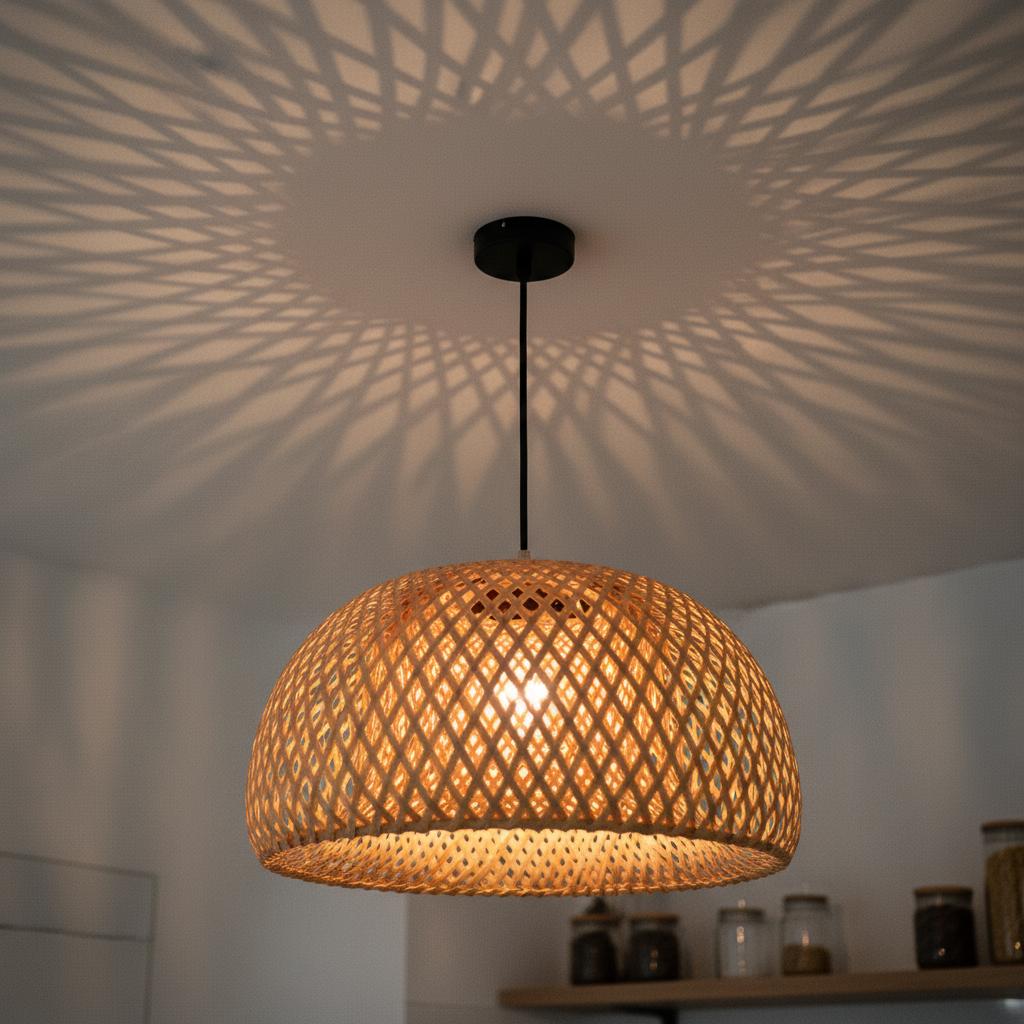 Hand woven bamboo rattan pendant light, 26cm Dome with black base