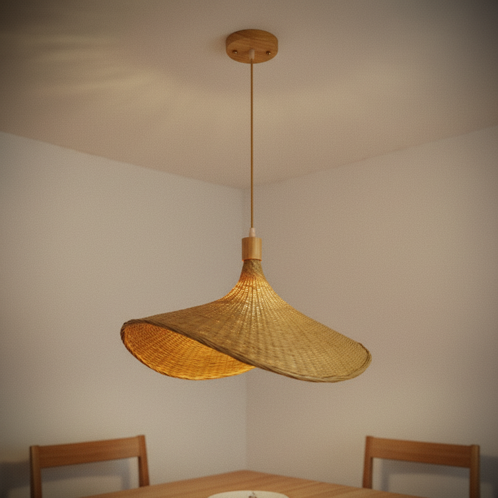 Hand woven bamboo rattan pendant light, 30cm Wave Hat with wood base