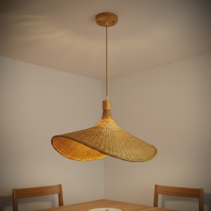 Hand woven bamboo rattan pendant light, 30cm Wave Hat with wood base