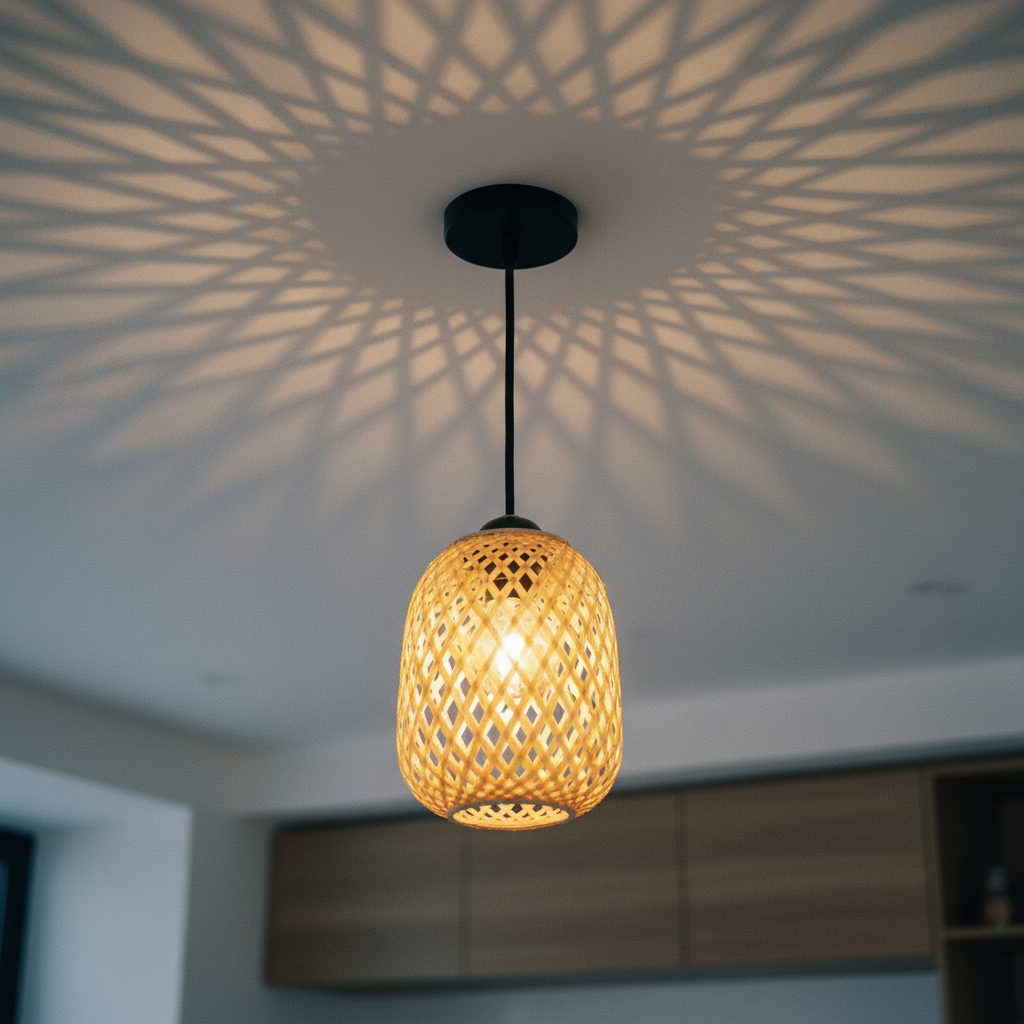 Hand woven bamboo rattan pendant light, 15cm Lantern with black base