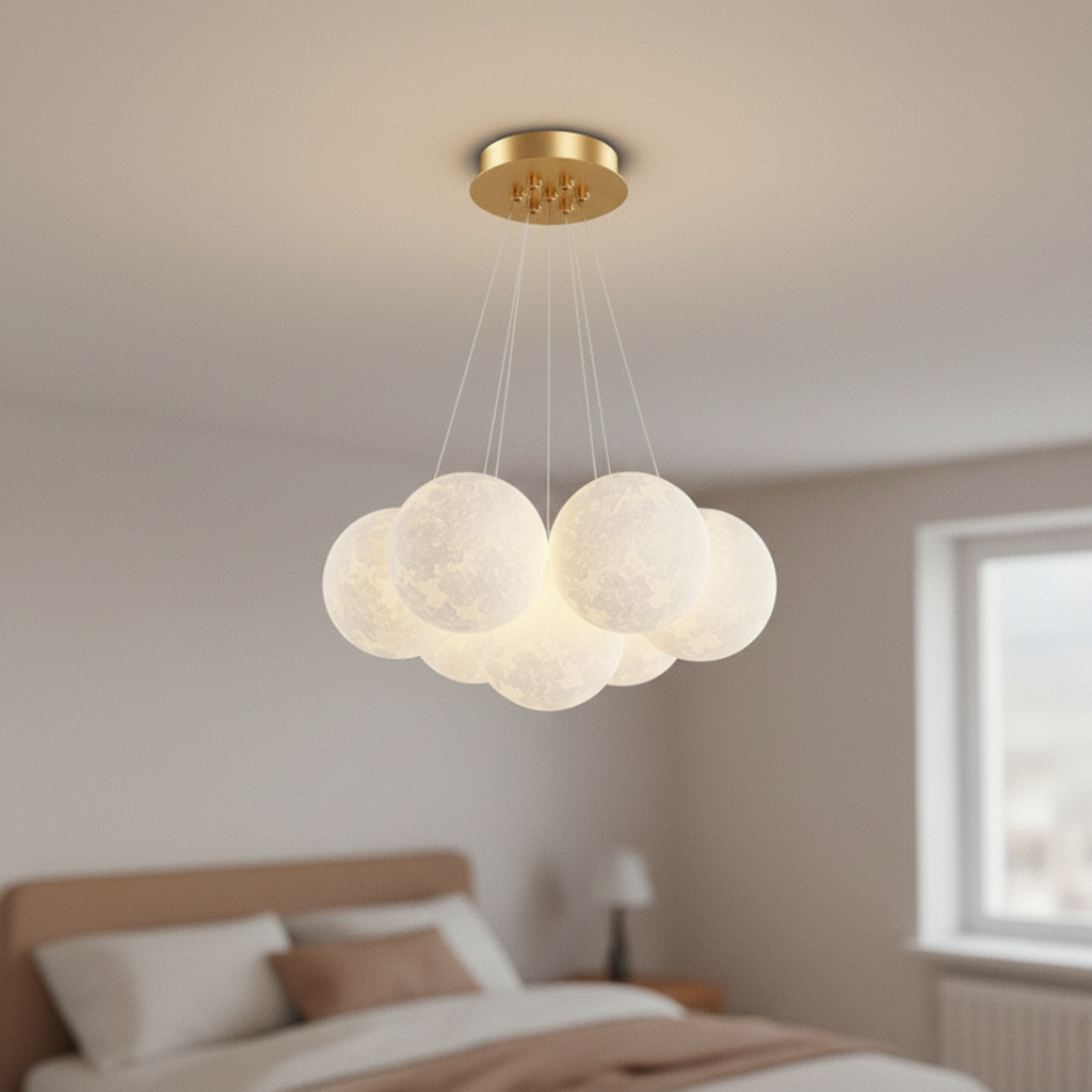 3D moon globe cluster chandelier, Flush mount Gold 7 Moons 15cm