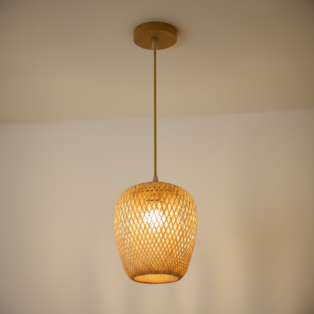 Hand woven bamboo rattan pendant light, 32cm Gourd with wood base