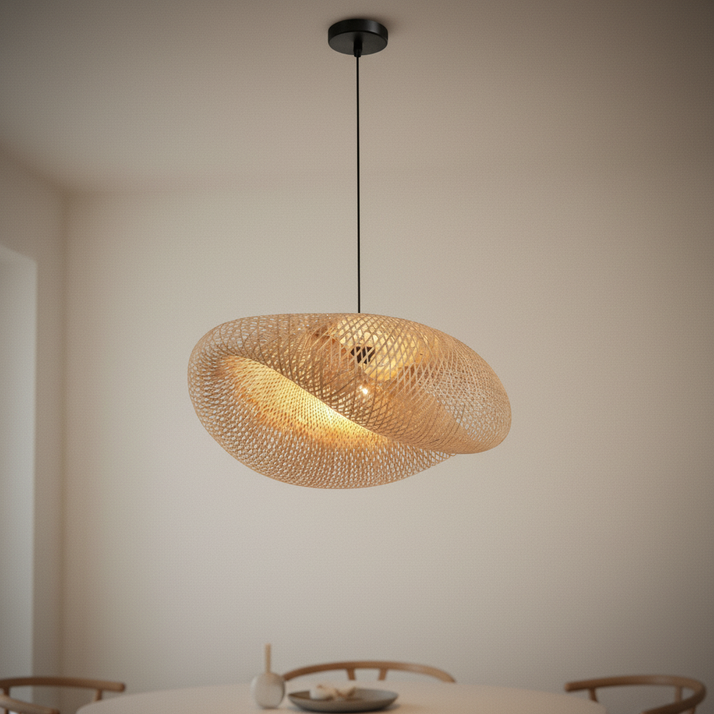 Hand woven bamboo rattan pendant light, 36cm Pebble with black base
