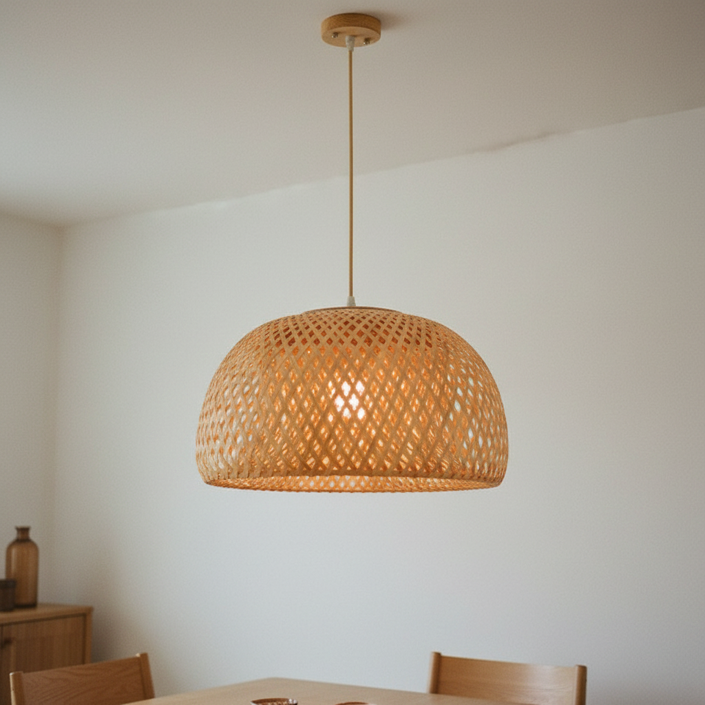 Hand woven bamboo rattan pendant light, 26cm Dome with wood base