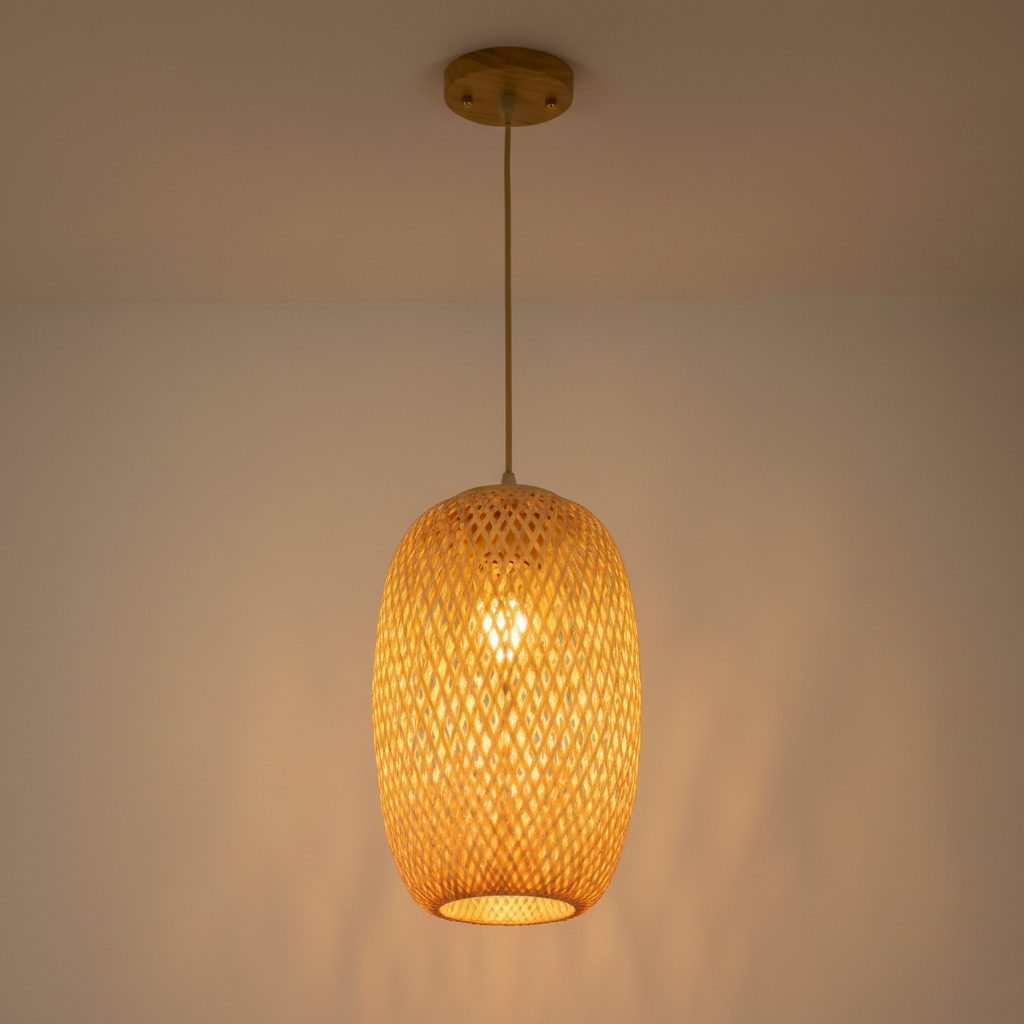 Hand woven bamboo rattan pendant light, 18cm Tall Lantern with wood base