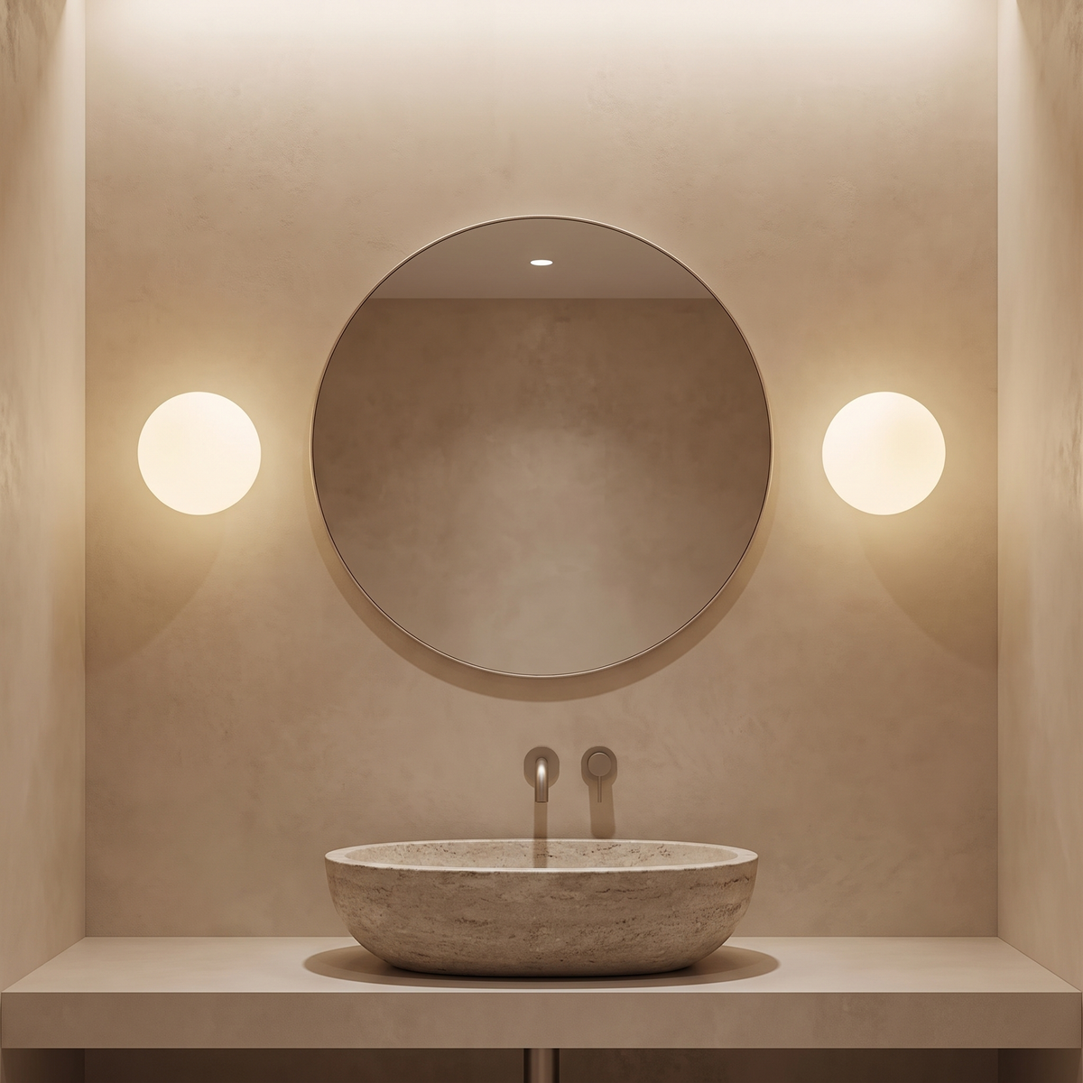 Pair of milky glass globe wall lights either side of a round bathroom mirror above a stone basin