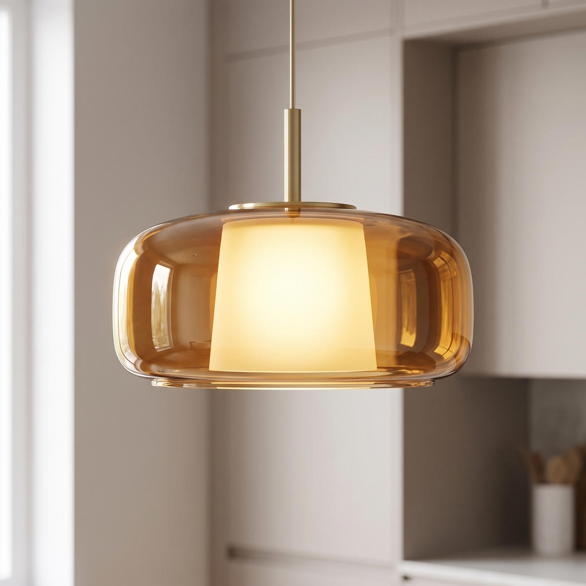 Close up of amber glass kitchen island pendant light with brushed brass cap