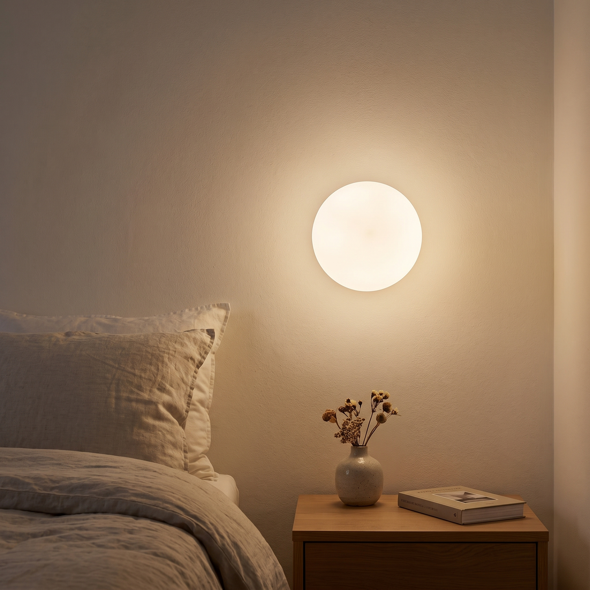 Milky glass globe wall light glowing at bedside above a wooden nightstand