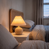 Rattan Table Lamp | Boho Rattan Ball Bedside Lamp with Pleated Fabric Shade for Bedroom, Living Room & Nursery | USB, Warm White or 3-Colour