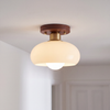 Flush Ceiling Light | French Cream Glass Ceiling Lamp with Walnut Trim for Hallway, Bedroom & Landing | 20cm or 28cm, Warm, Neutral or 3-Colour LED