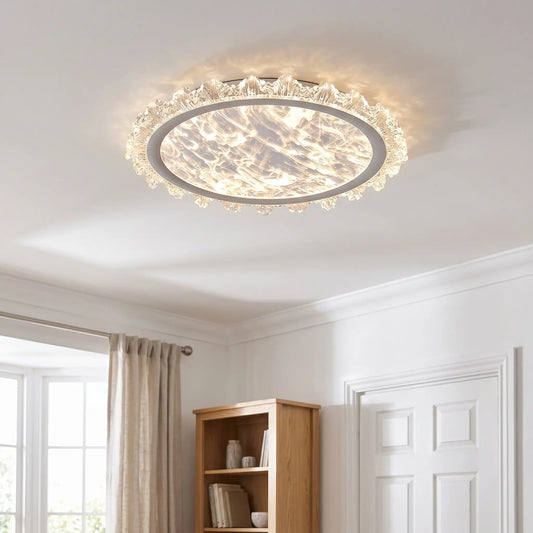 Round crystal LED flush ceiling light – White – in a living room