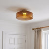 Flush Ceiling Light | Vintage Amber Ribbed Glass Lamp for Hallway, Bedroom, Kitchen & Landing | Retro Corrugated Shade, 3-Colour LED, 20cm or 28cm