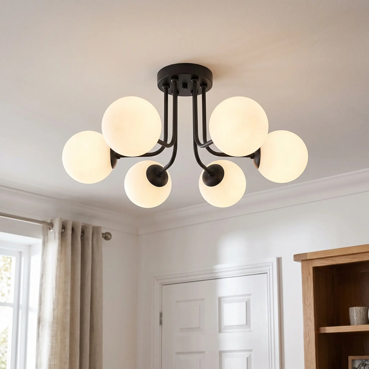 Opal glass globe semi flush chandelier – Black – 6 Globes – in a living room