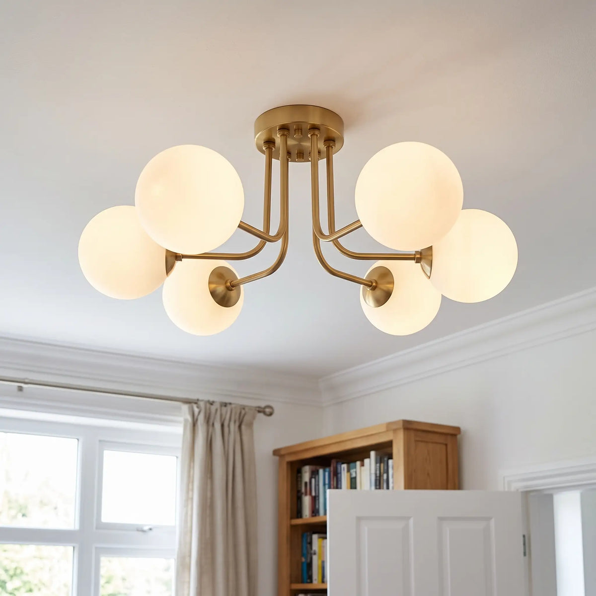 Opal glass globe semi flush chandelier – Gold – 6 Globes – in a living room