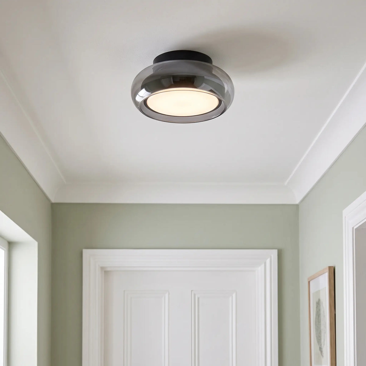 Glass dome flush ceiling light – Smoke Grey – in a hallway