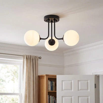 Opal glass globe semi flush chandelier – Black – 3 Globes – in a living room