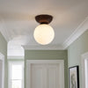 Semi Flush Ceiling Light | Japanese Wood & Opal Glass Globe Lamp for Hallway, Landing, Entrance & Bedroom | Walnut or Teak, Warm or 3-Colour, 16cm