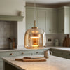 Pendant Light | Cognac or Smoke Grey Glass Halo Lamp for Kitchen Island, Dining Table & Bedside | Double-Layer Glass Dome, 3-Colour LED, 2.5m Cord