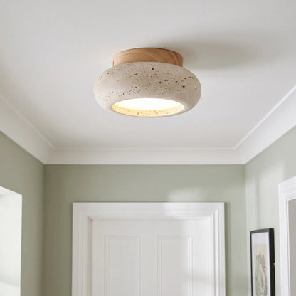 Travertine and wood flush ceiling light – Style B – Oak – in a hallway