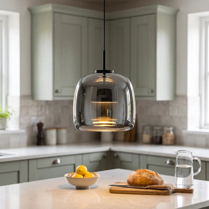 Glass halo pendant light – Style A – Smoke Grey – over a kitchen island
