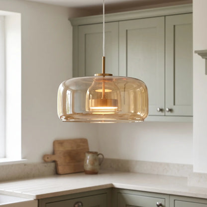 Glass halo pendant light – Style B – Cognac – over a kitchen island