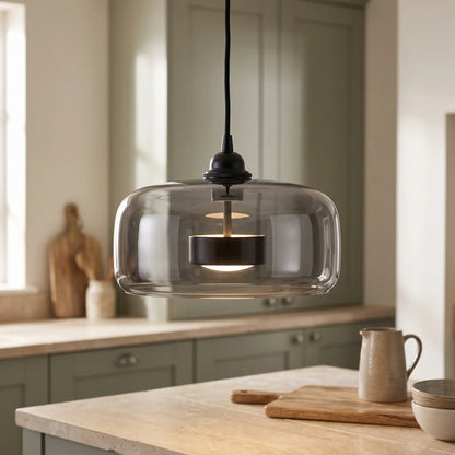 Glass halo pendant light – Style B – Smoke Grey – over a kitchen island