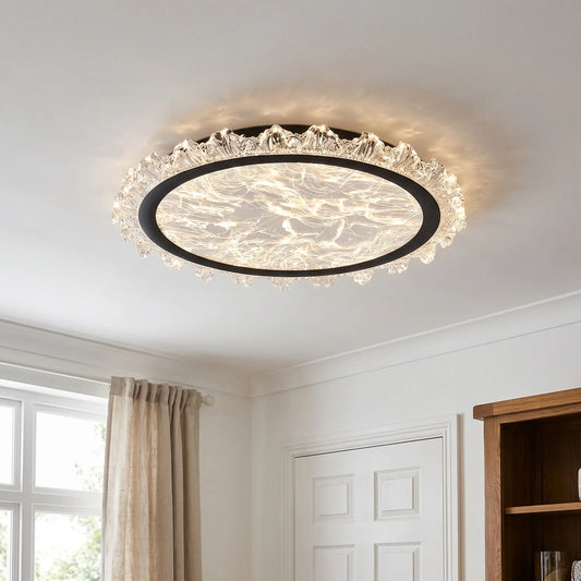 Round crystal LED flush ceiling light – Black – in a living room