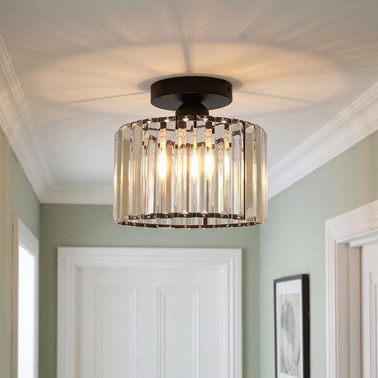 Crystal drum flush ceiling light – Black – in a hallway