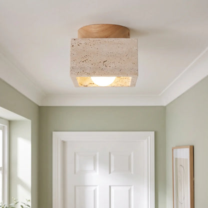Travertine and wood flush ceiling light – Style C – Oak – in a hallway